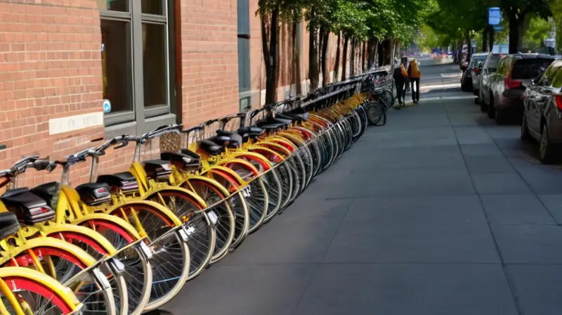 Una animada escena urbana con bicicletas de carga alineadas, luz del sol filtrándose entre edificios y un ambiente lleno de vida