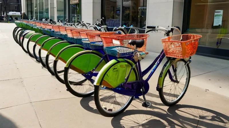 Una animada calle urbana con bicicletas de carga de diversos colores alineadas