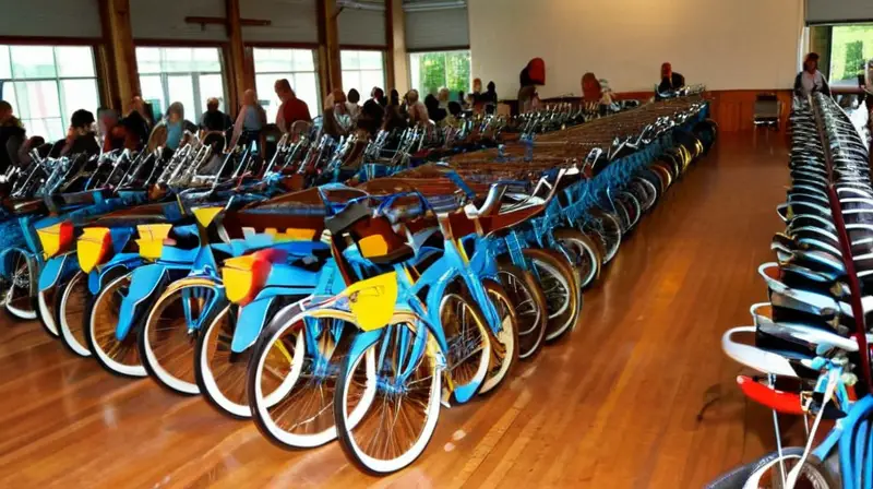 Una sala de subastas llena de bicicletas coloridas y brillantes, con un ambiente animado y expectante