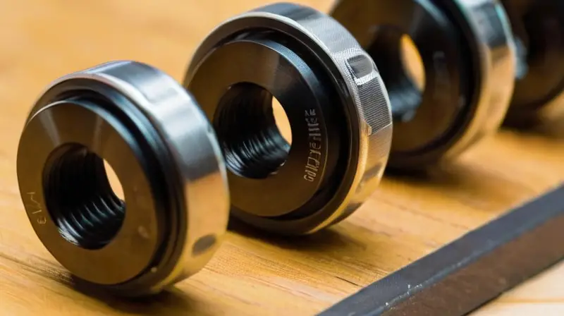 Válvulas Presta brillantes sobre una superficie de madera, con detalles visibles y un fondo de neumáticos de bicicleta desenfocados
