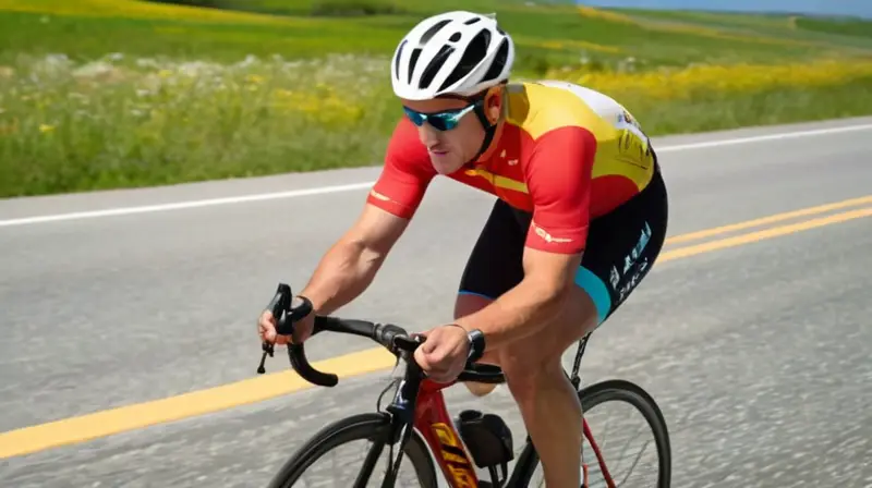 Un ciclista enérgico pedalea con determinación por un paisaje soleado y montañoso, transmitiendo velocidad y aventura
