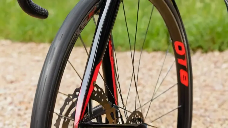 Bicicleta de carbono elegante y aerodinámica en negro y rojo, con detalles precisos y un fondo desenfocado que resalta su velocidad