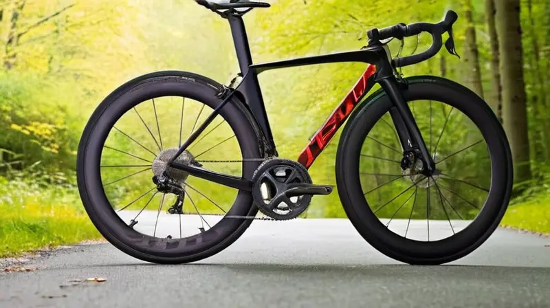 Bicicleta de carbono elegante y ligera con detalles en rojo