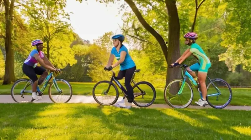 Un grupo diverso de mujeres ciclistas disfruta de un animado día en un parque soleado, compartiendo risas y camaradería