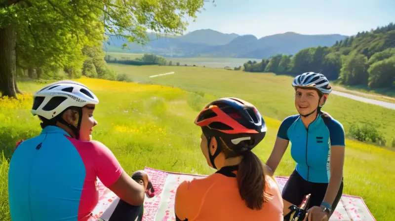Un grupo diverso de mujeres ciclistas disfruta de un soleado parque, mostrando alegría y camaradería en un ambiente vibrante