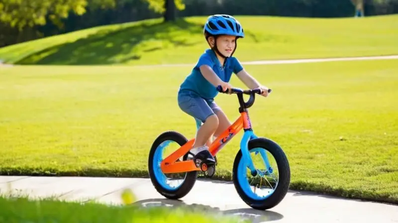 Bicicleta ligera y ergonómica en azul y naranja, con detalles divertidos y características seguras para niños