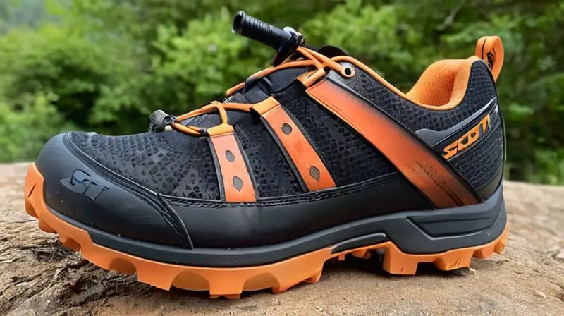 Zapatillas MTB Scott negras y naranjas con diseño atlético, suela de goma rugosa y detalles reflectantes, sobre un sendero de grava