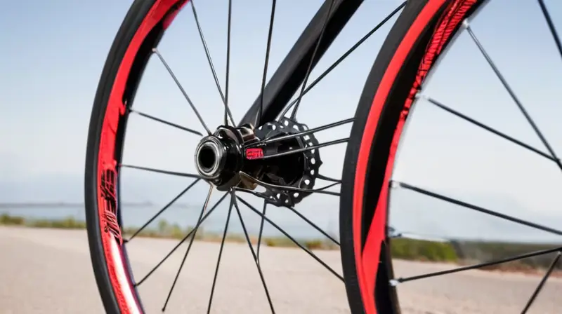 Juego de ruedas de fibra de carbono con acabado negro brillante y detalles rojos